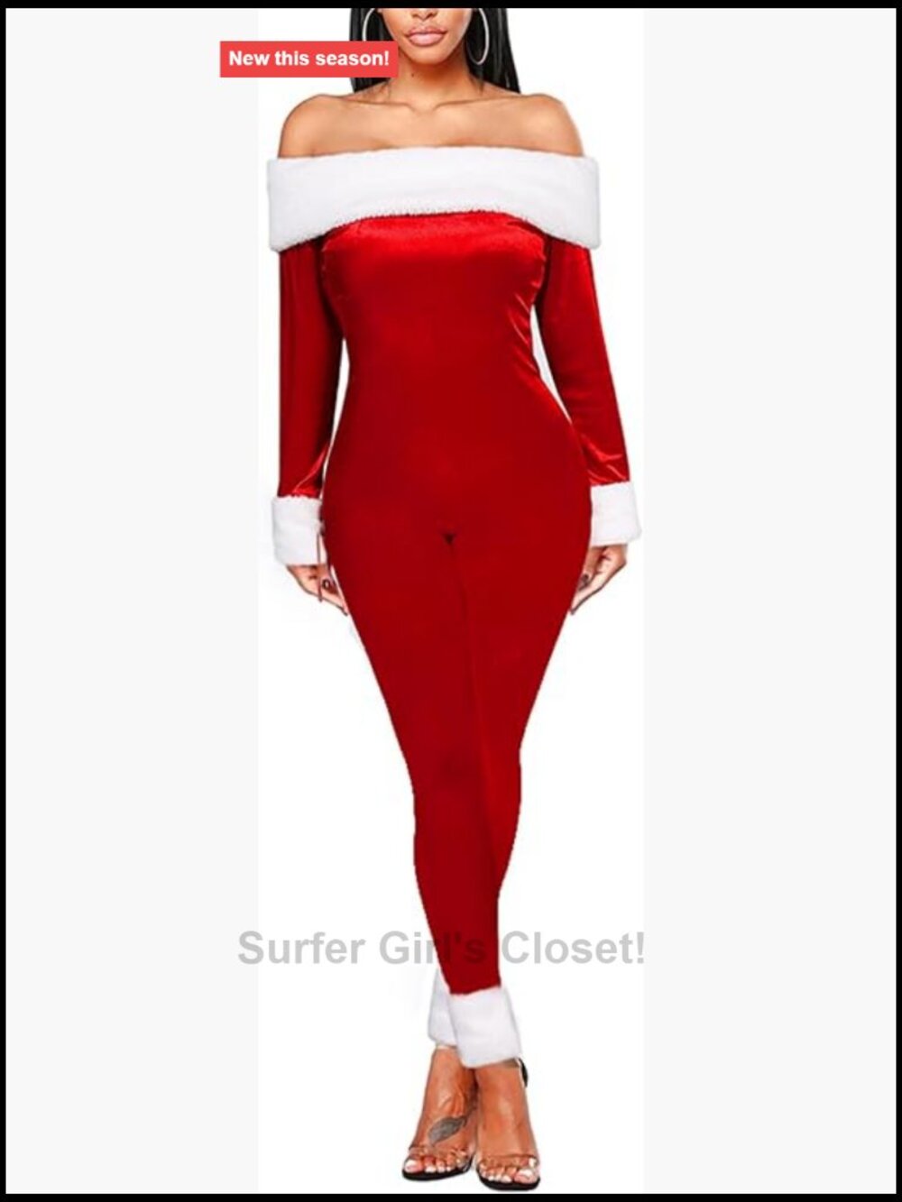 Women's Sexy Mrs Santa Costume Velvet Off Shoulder Jumpsuit Long Sleeve Bodycon